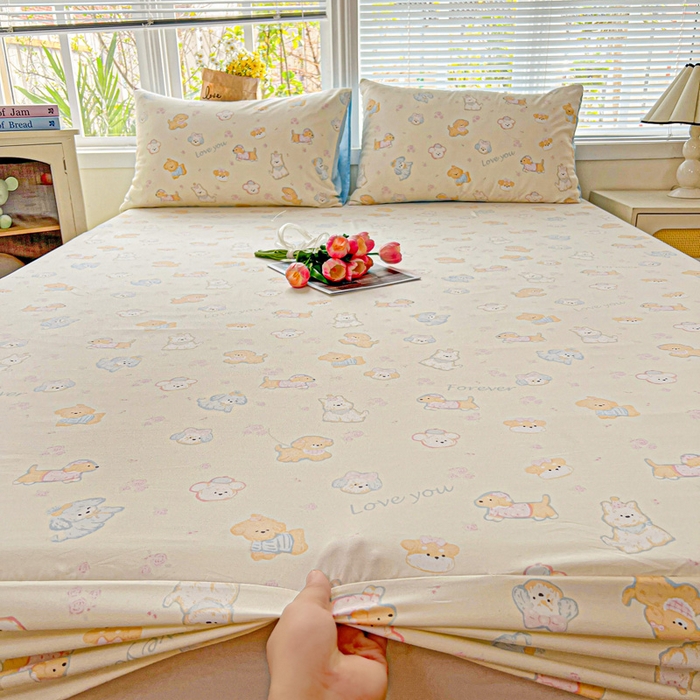 91家纺网 家纺一手货源 找家纺 朵朵家纺 2025新款超柔水洗棉云感印花单床笠床垫保护套床笠（床垫保护套可定制尺寸 ）-场景一 萌宠