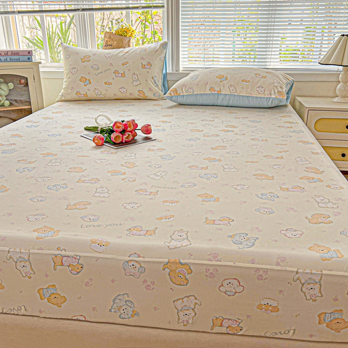 91家纺网 家纺一手货源 找家纺 朵朵家纺 2025新款超柔水洗棉云感印花单床笠床垫保护套床笠（床垫保护套可定制尺寸 ）-场景一 萌宠