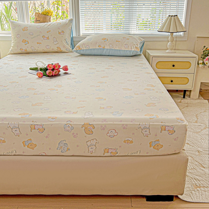 91家纺网 家纺一手货源 找家纺 朵朵家纺 2025新款超柔水洗棉云感印花单床笠床垫保护套床笠（床垫保护套可定制尺寸 ）-场景一 萌宠