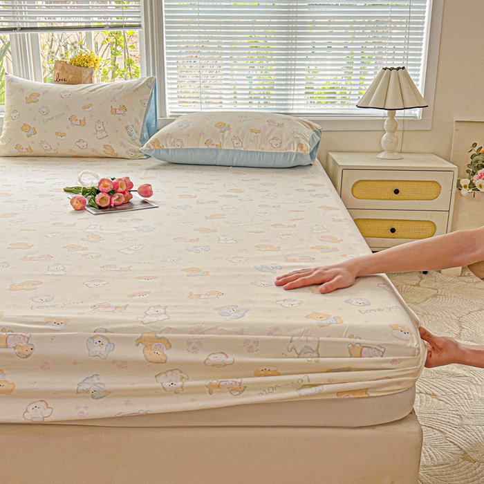 91家纺网 家纺一手货源 找家纺 朵朵家纺 2025新款超柔水洗棉云感印花单床笠床垫保护套床笠（床垫保护套可定制尺寸 ）-场景一 萌宠