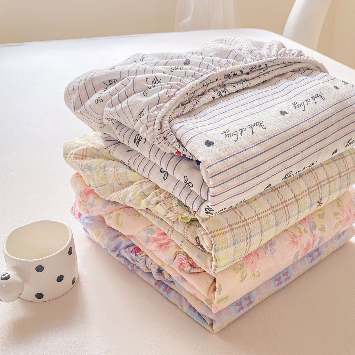 91家纺网 家纺一手货源 找家纺 （总）眠势力 2025新款云感双层纱床笠三件套ins奶油风云感床垫保护套四季款