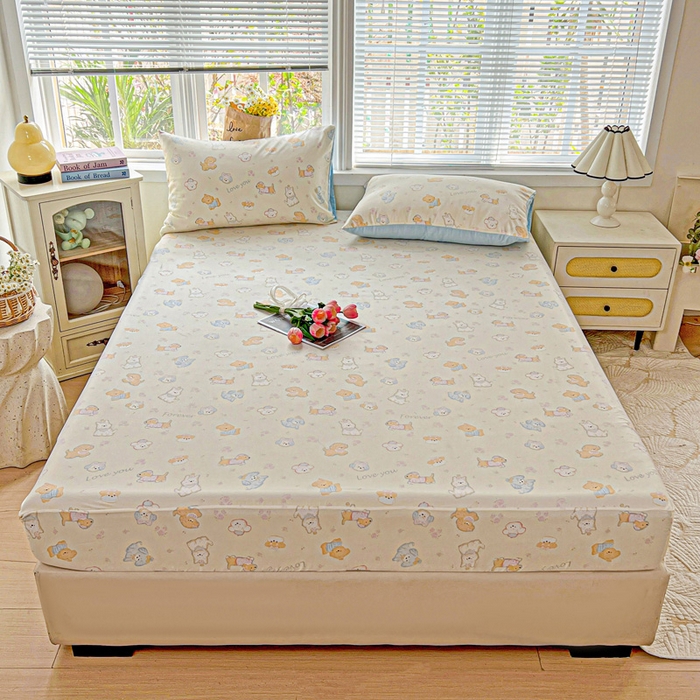 91家纺网 家纺一手货源 找家纺 朵朵家纺 2025新款超柔水洗棉云感印花单床笠床垫保护套床笠（床垫保护套可定制尺寸 ）-场景二 萌宠