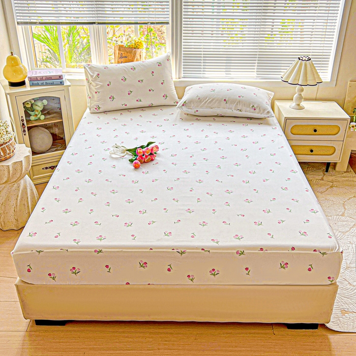 91家纺网 家纺一手货源 找家纺 朵朵家纺 2025新款超柔水洗棉云感印花单床笠床垫保护套床笠（床垫保护套可定制尺寸 ）-场景二 郁金香