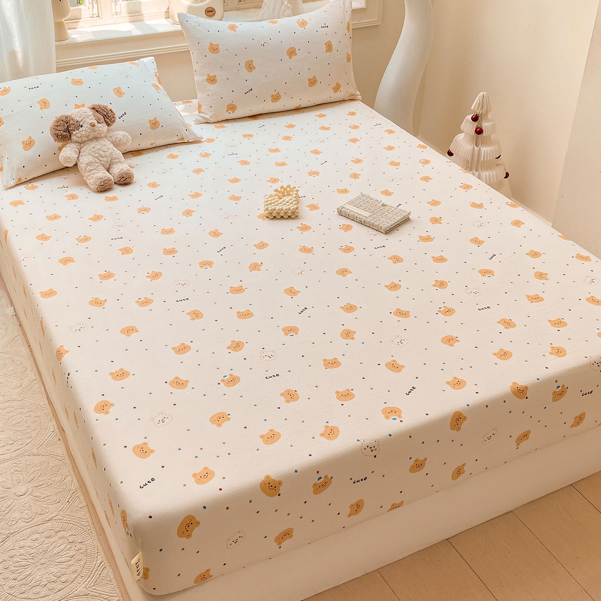 91家纺网 家纺一手货源 找家纺 眠势力 2025新款云感双层纱床笠三件套ins奶油风云感床垫保护套四季款 波点小熊