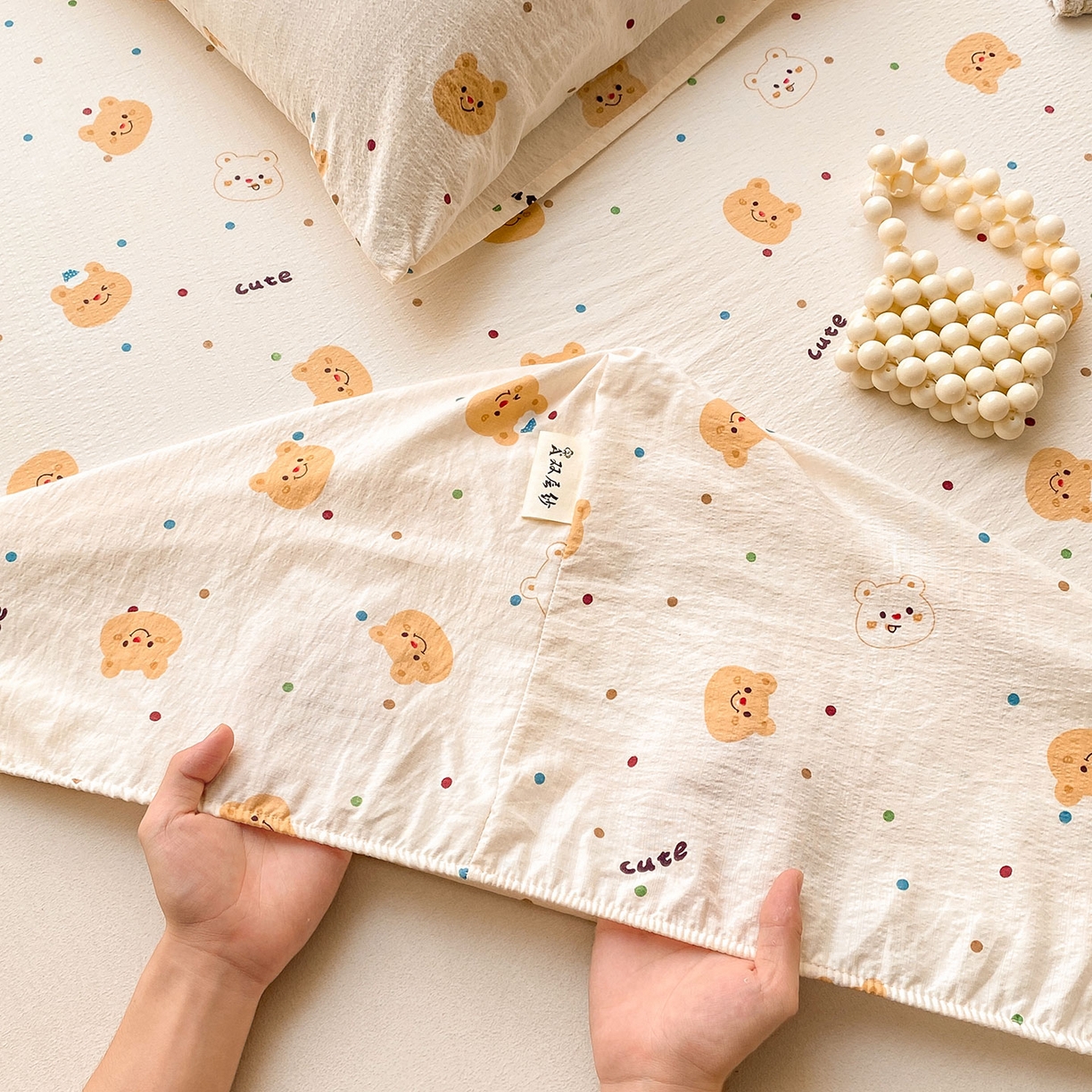 91家纺网 家纺一手货源 找家纺 眠势力 2025新款云感双层纱床笠三件套ins奶油风云感床垫保护套四季款 波点小熊