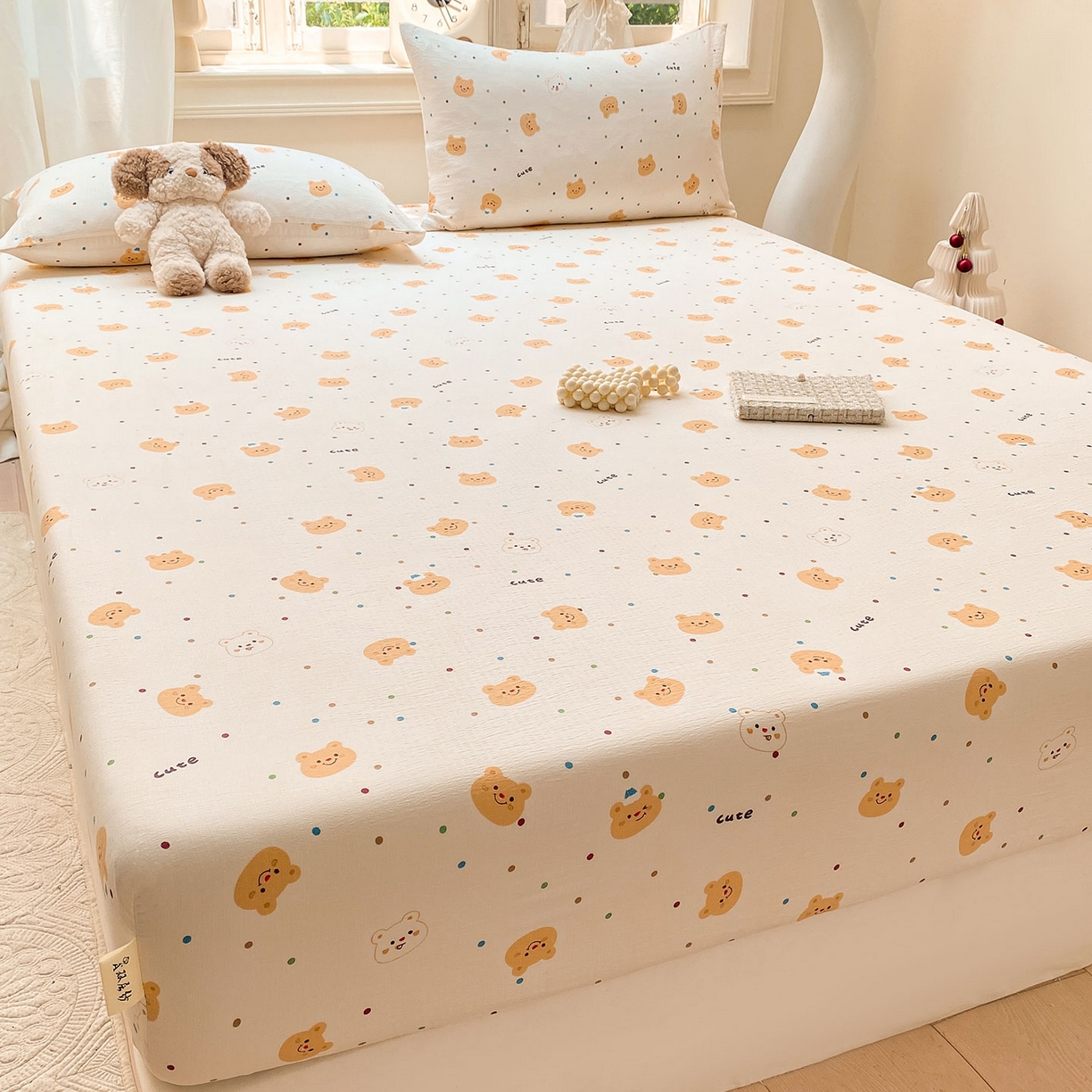 91家纺网 家纺一手货源 找家纺 眠势力 2025新款云感双层纱床笠三件套ins奶油风云感床垫保护套四季款 波点小熊