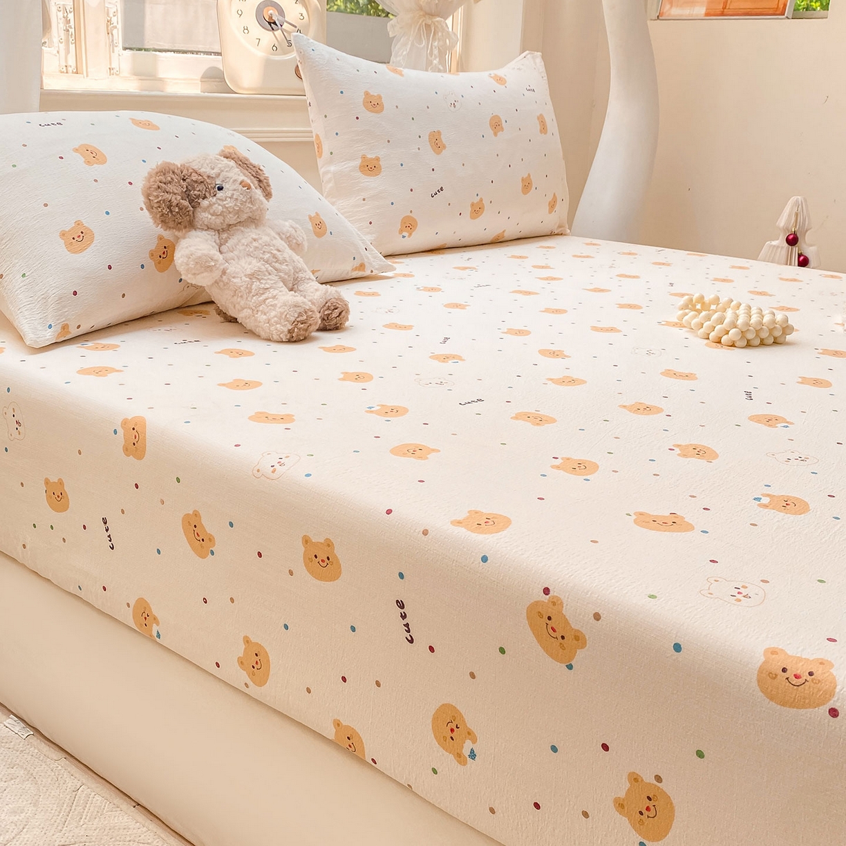 91家纺网 家纺一手货源 找家纺 眠势力 2025新款云感双层纱床笠三件套ins奶油风云感床垫保护套四季款 波点小熊