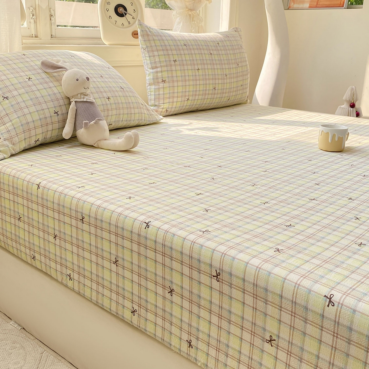 91家纺网 家纺一手货源 找家纺 眠势力 2025新款云感双层纱床笠三件套ins奶油风云感床垫保护套四季款 格调蝴蝶结