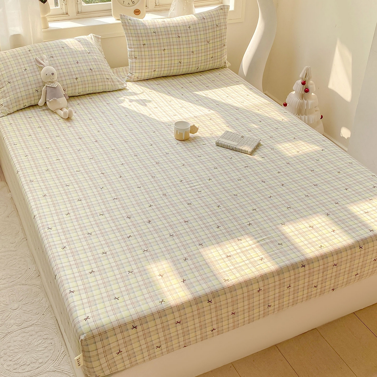 91家纺网 家纺一手货源 找家纺 眠势力 2025新款云感双层纱床笠三件套ins奶油风云感床垫保护套四季款 格调蝴蝶结