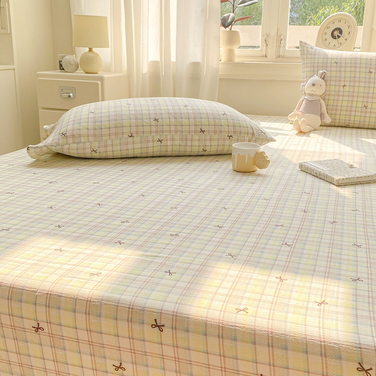 91家纺网 家纺一手货源 找家纺 眠势力 2025新款云感双层纱床笠三件套ins奶油风云感床垫保护套四季款 格调蝴蝶结