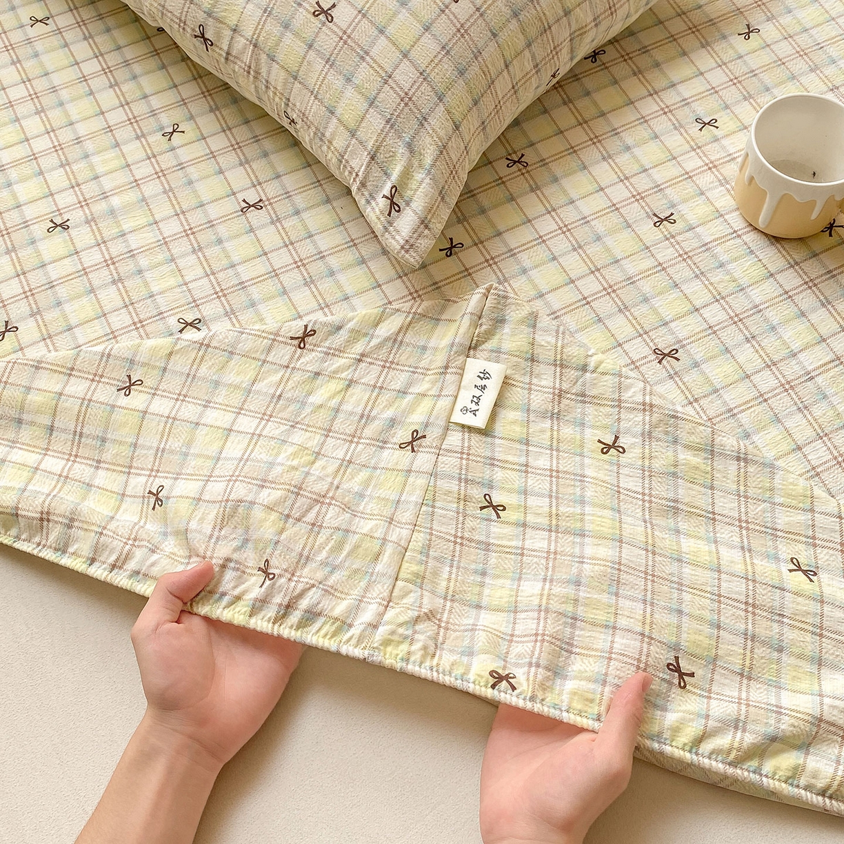 91家纺网 家纺一手货源 找家纺 眠势力 2025新款云感双层纱床笠三件套ins奶油风云感床垫保护套四季款 格调蝴蝶结