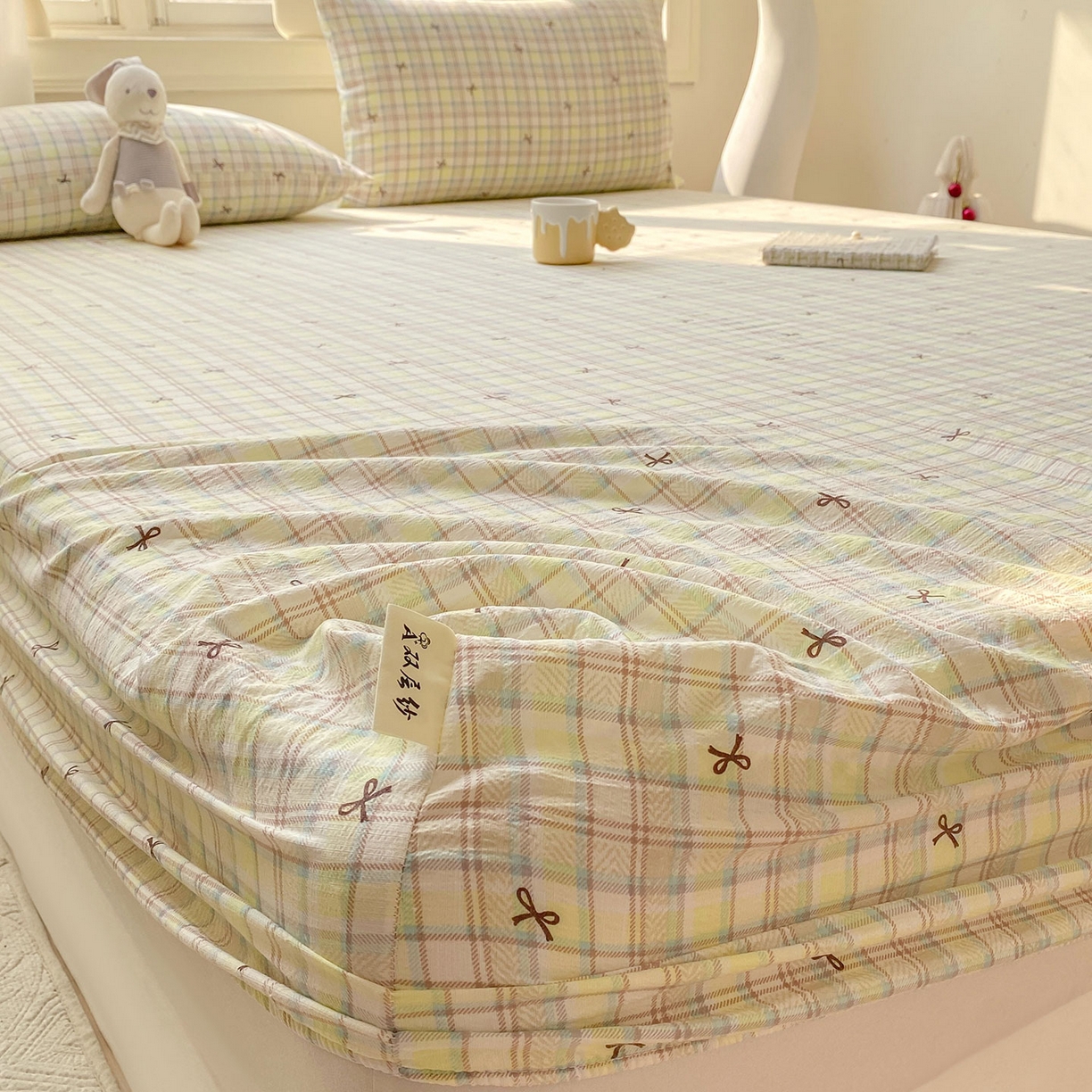 91家纺网 家纺一手货源 找家纺 眠势力 2025新款云感双层纱床笠三件套ins奶油风云感床垫保护套四季款 格调蝴蝶结