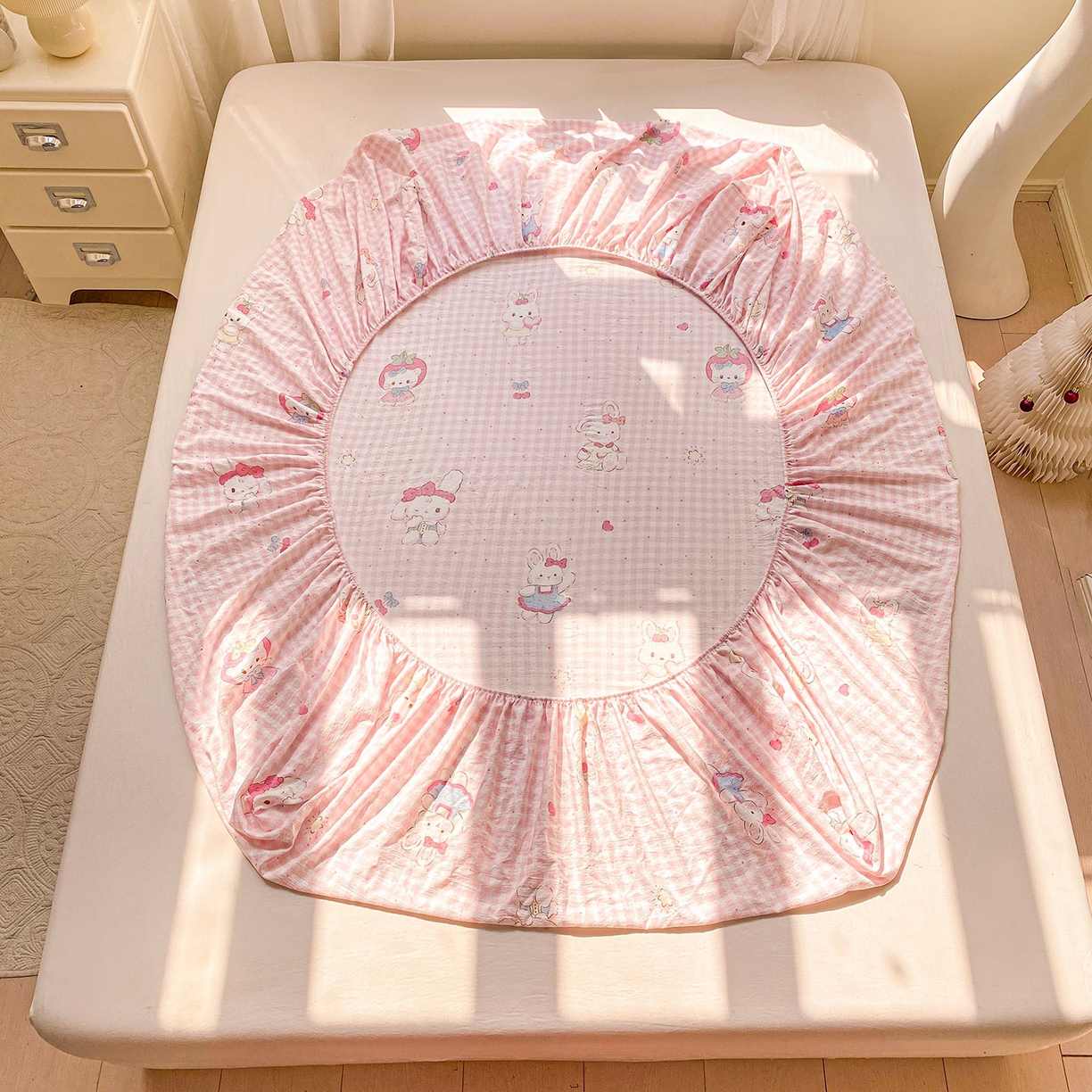 91家纺网 家纺一手货源 找家纺 眠势力 2025新款云感双层纱床笠三件套ins奶油风云感床垫保护套四季款 乖乖兔