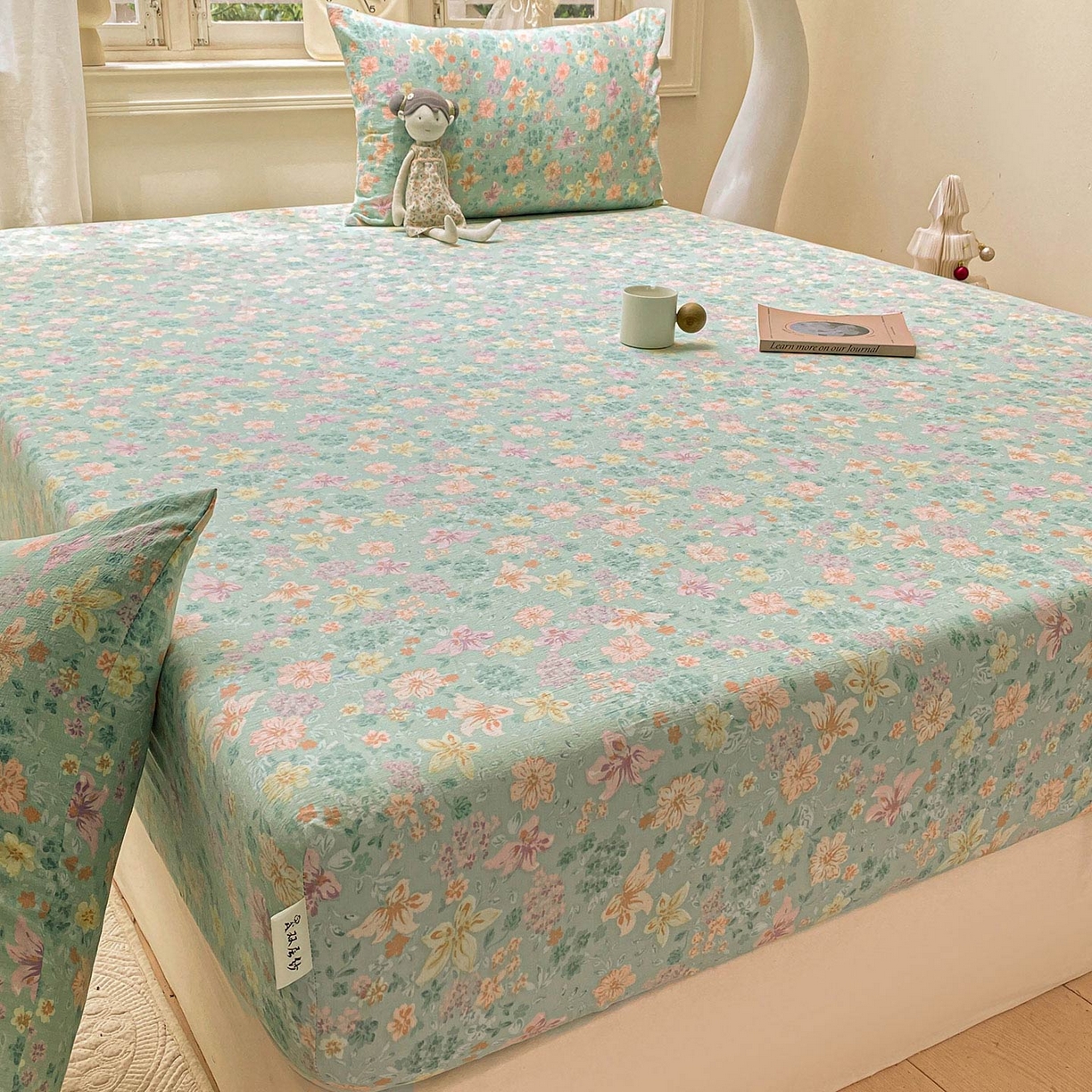 91家纺网 家纺一手货源 找家纺 眠势力 2025新款云感双层纱床笠三件套ins奶油风云感床垫保护套四季款 花开盛夏