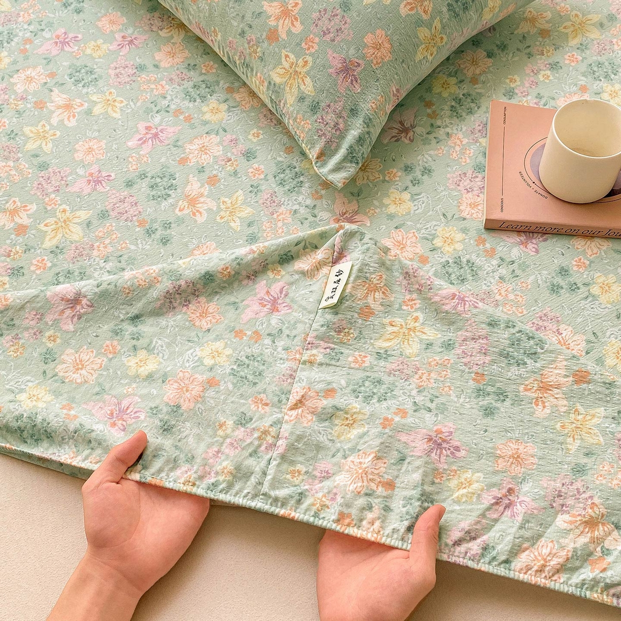 91家纺网 家纺一手货源 找家纺 眠势力 2025新款云感双层纱床笠三件套ins奶油风云感床垫保护套四季款 花开盛夏