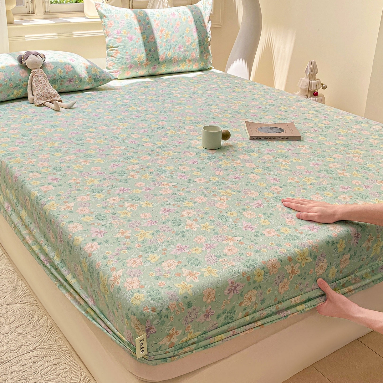 91家纺网 家纺一手货源 找家纺 眠势力 2025新款云感双层纱床笠三件套ins奶油风云感床垫保护套四季款 花开盛夏