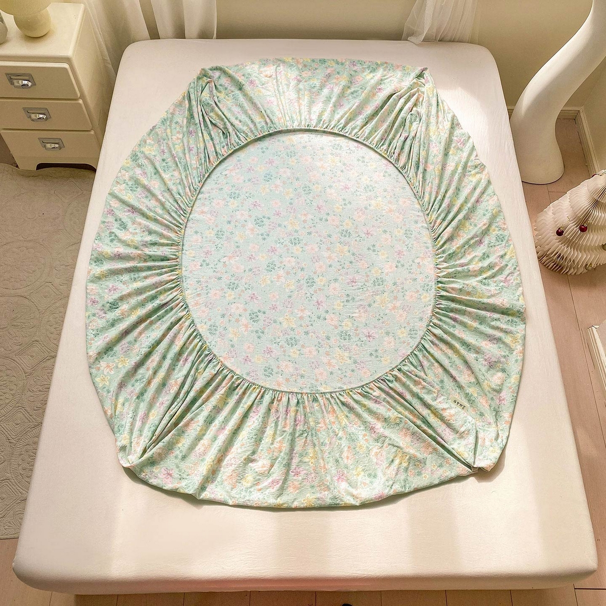 91家纺网 家纺一手货源 找家纺 眠势力 2025新款云感双层纱床笠三件套ins奶油风云感床垫保护套四季款 花开盛夏