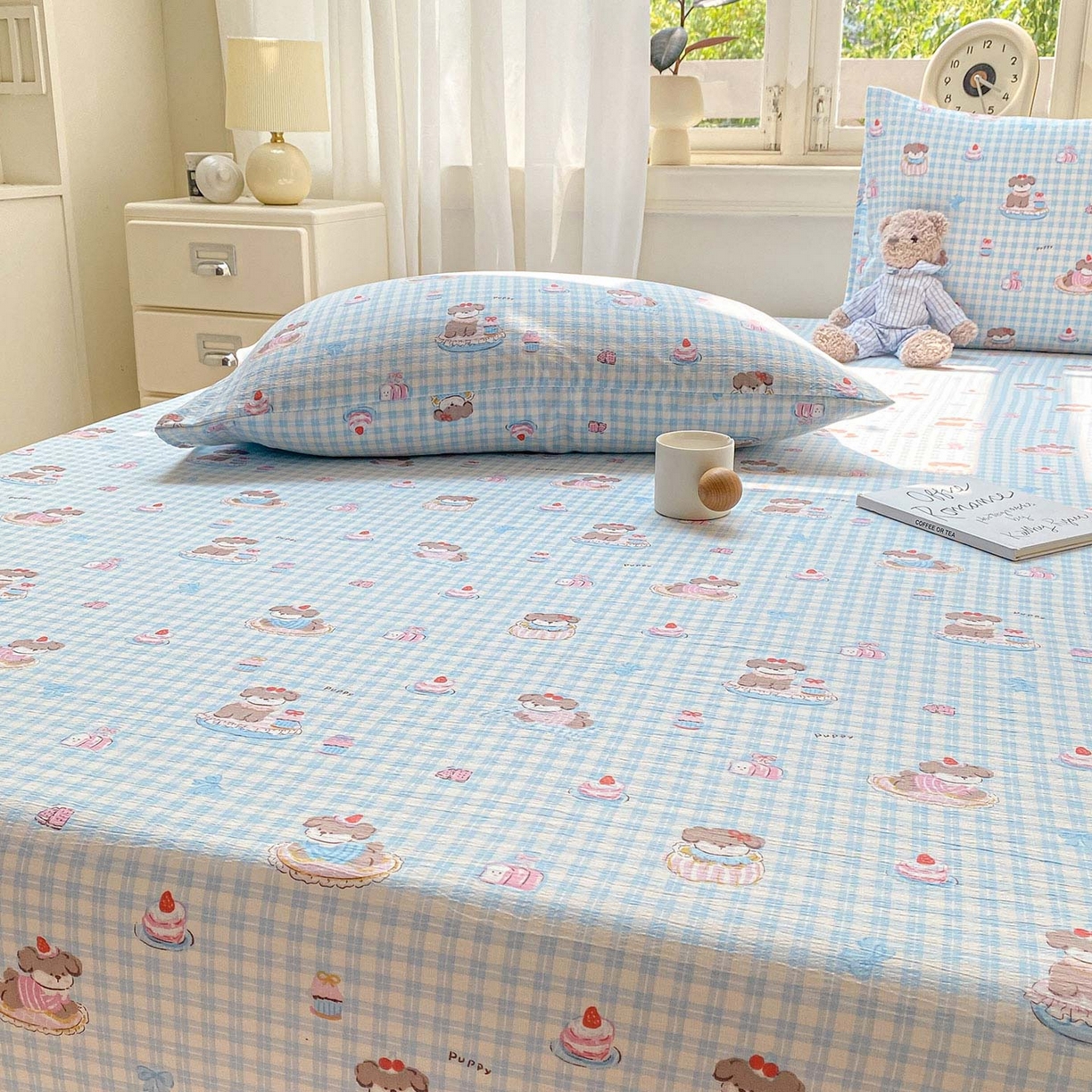 91家纺网 家纺一手货源 找家纺 眠势力 2025新款云感双层纱床笠三件套ins奶油风云感床垫保护套四季款 淘气狗