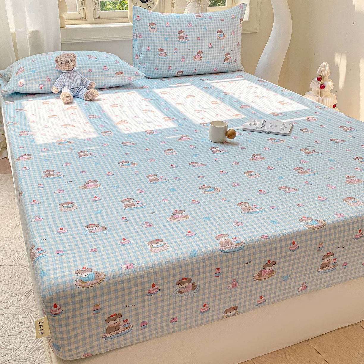 91家纺网 家纺一手货源 找家纺 眠势力 2025新款云感双层纱床笠三件套ins奶油风云感床垫保护套四季款 淘气狗