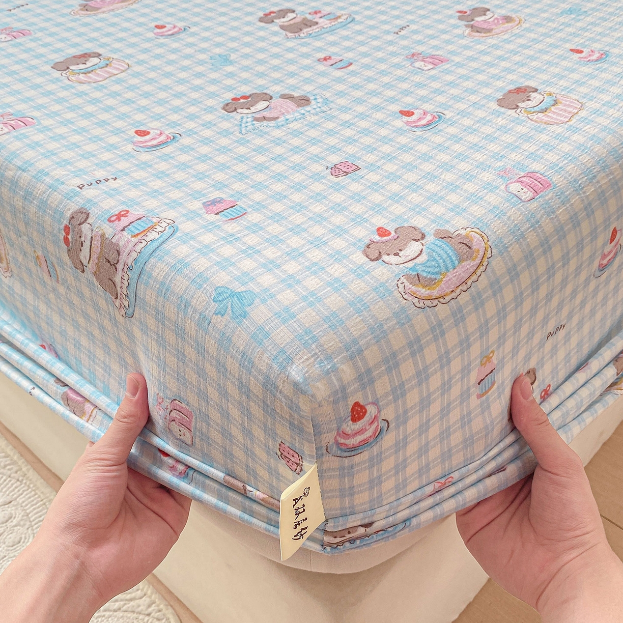 91家纺网 家纺一手货源 找家纺 眠势力 2025新款云感双层纱床笠三件套ins奶油风云感床垫保护套四季款 淘气狗