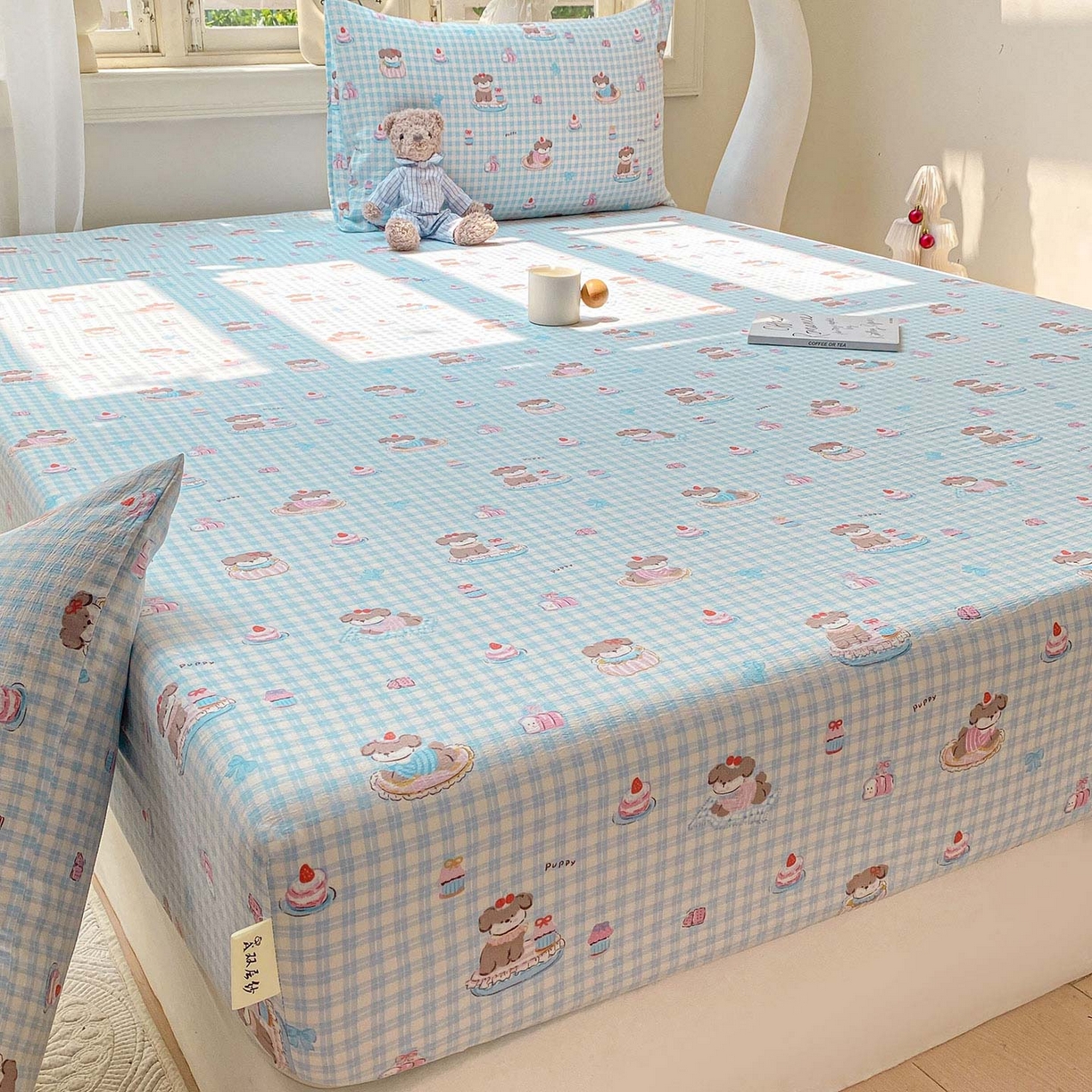 91家纺网 家纺一手货源 找家纺 眠势力 2025新款云感双层纱床笠三件套ins奶油风云感床垫保护套四季款 淘气狗