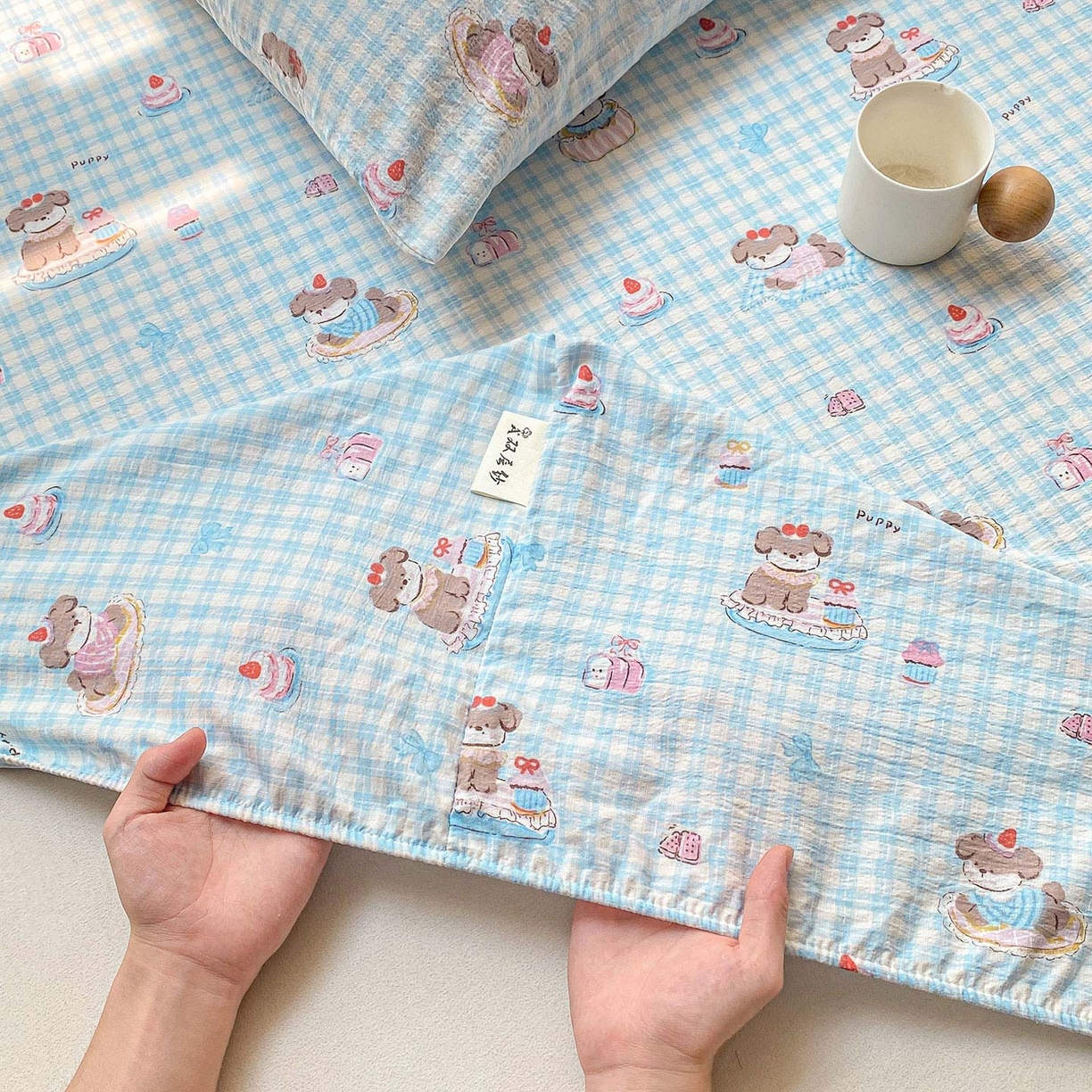 91家纺网 家纺一手货源 找家纺 眠势力 2025新款云感双层纱床笠三件套ins奶油风云感床垫保护套四季款 淘气狗