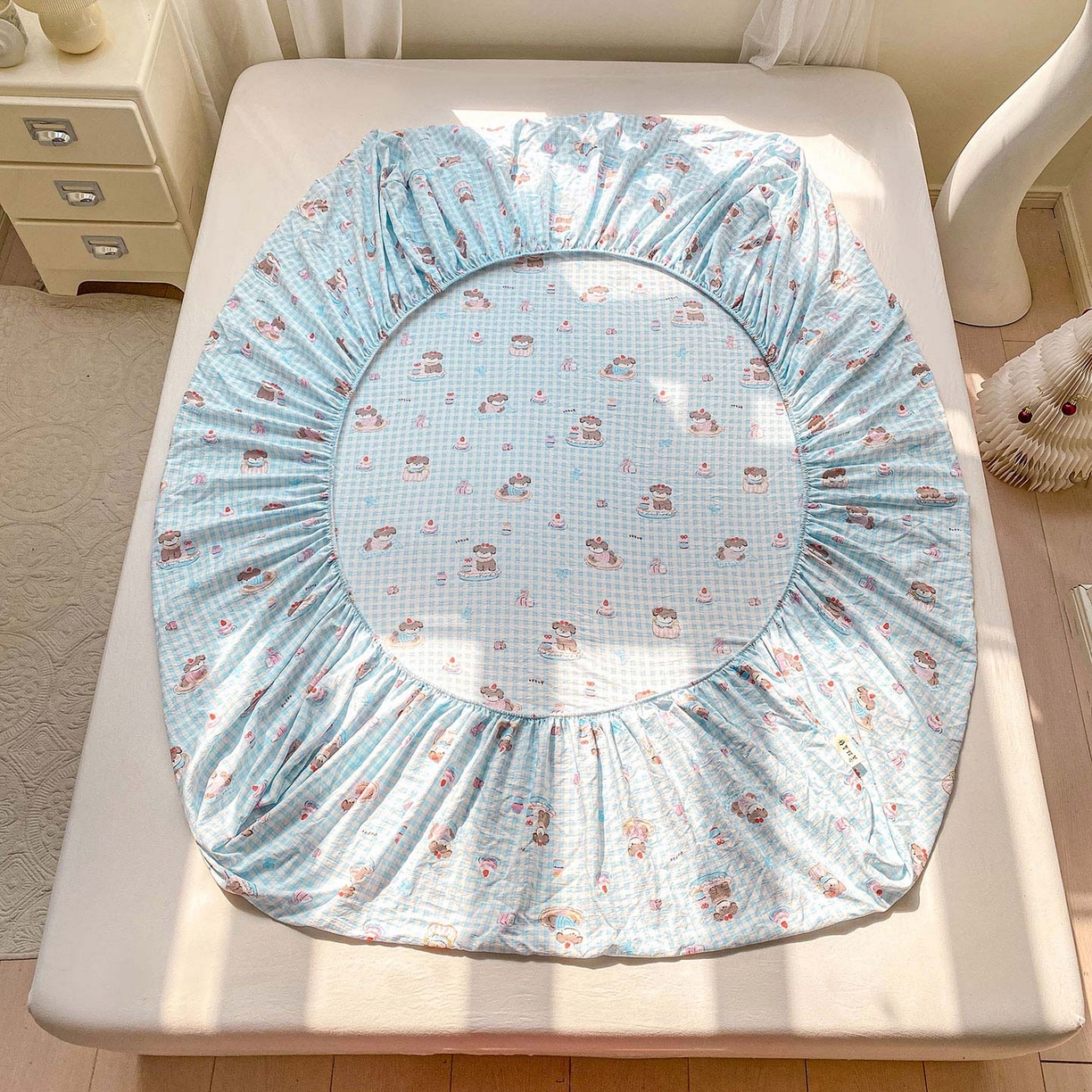 91家纺网 家纺一手货源 找家纺 眠势力 2025新款云感双层纱床笠三件套ins奶油风云感床垫保护套四季款 淘气狗