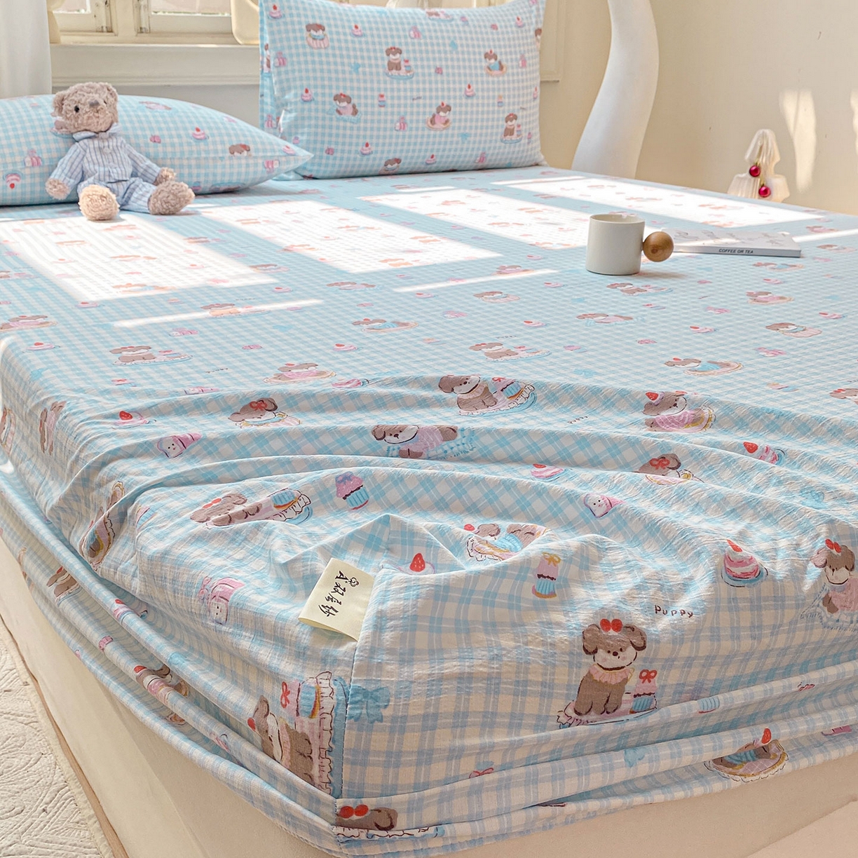 91家纺网 家纺一手货源 找家纺 眠势力 2025新款云感双层纱床笠三件套ins奶油风云感床垫保护套四季款 淘气狗