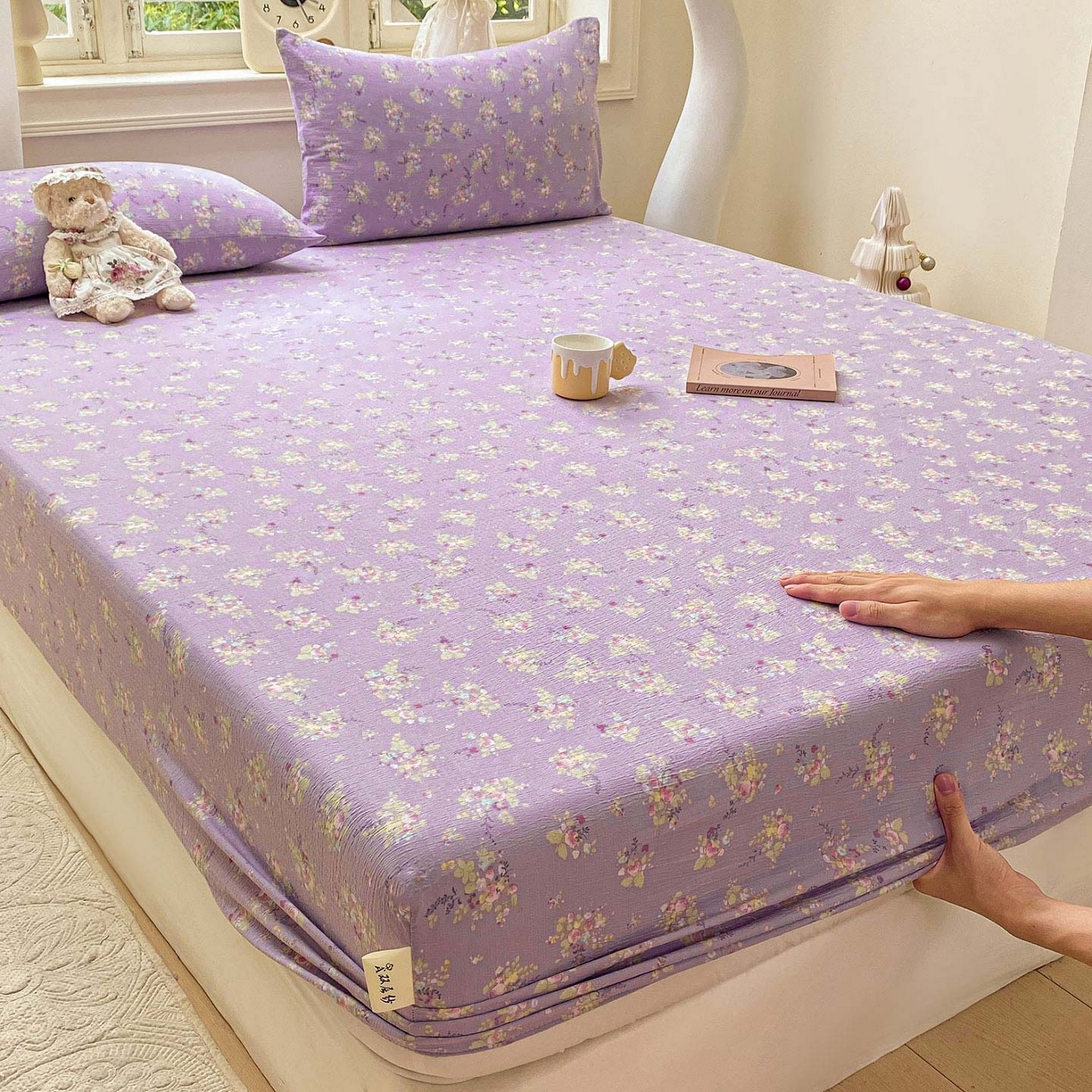 91家纺网 家纺一手货源 找家纺 眠势力 2025新款云感双层纱床笠三件套ins奶油风云感床垫保护套四季款 紫色花海