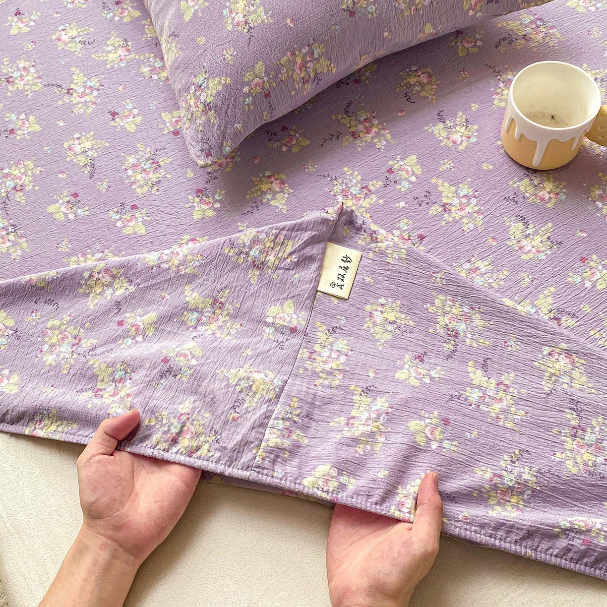 91家纺网 家纺一手货源 找家纺 眠势力 2025新款云感双层纱床笠三件套ins奶油风云感床垫保护套四季款 紫色花海