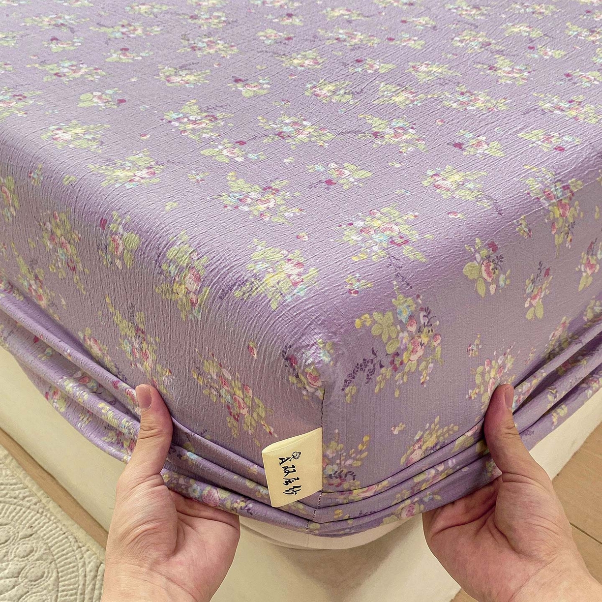 91家纺网 家纺一手货源 找家纺 眠势力 2025新款云感双层纱床笠三件套ins奶油风云感床垫保护套四季款 紫色花海