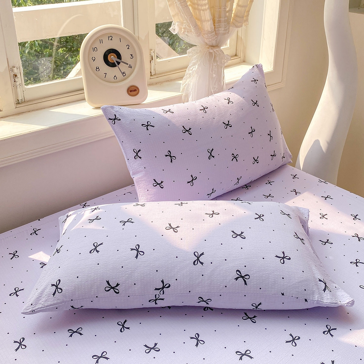 91家纺网 家纺一手货源 找家纺 眠势力 2025新款云感双层纱床笠三件套ins奶油风云感床垫保护套四季款 紫韵蝴蝶结