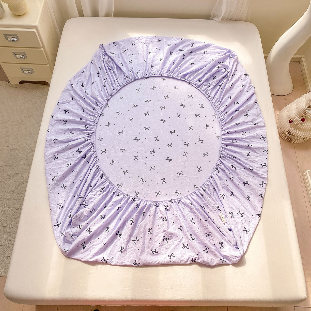 91家纺网 家纺一手货源 找家纺 眠势力 2025新款云感双层纱床笠三件套ins奶油风云感床垫保护套四季款 紫韵蝴蝶结