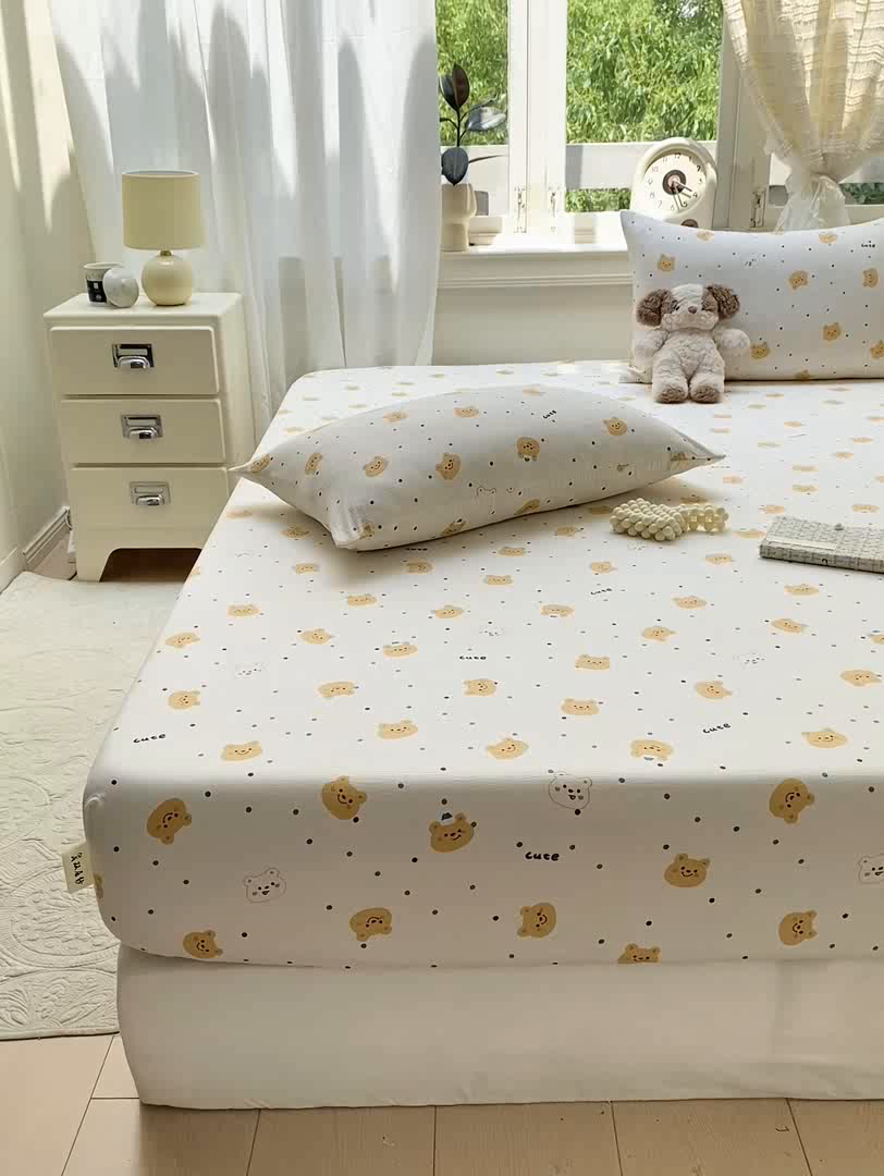 91家纺网 家纺一手货源 找家纺 眠势力 2025新款云感双层纱床笠三件套ins奶油风云感床垫保护套四季款 波点小熊