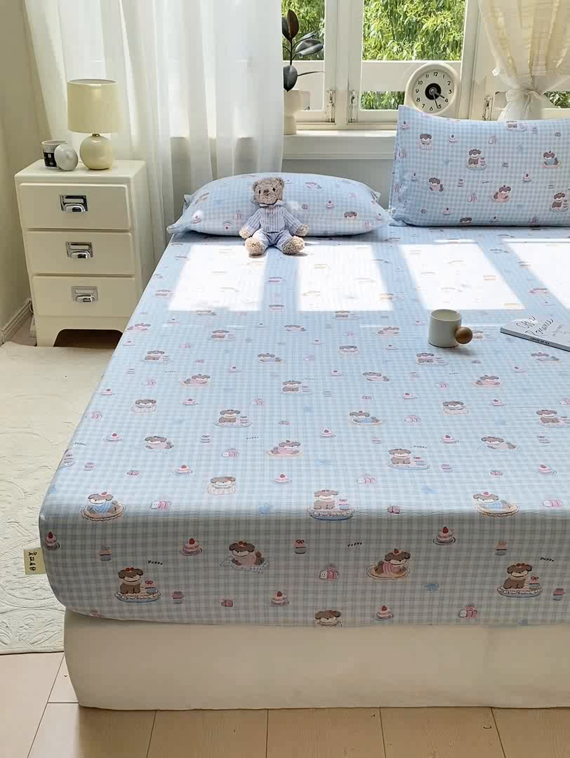 91家纺网 家纺一手货源 找家纺 眠势力 2025新款云感双层纱床笠三件套ins奶油风云感床垫保护套四季款 淘气狗