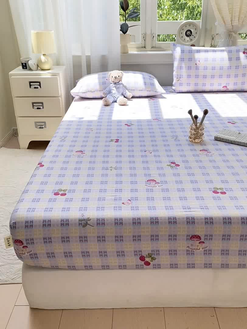 91家纺网 家纺一手货源 找家纺 眠势力 2025新款云感双层纱床笠三件套ins奶油风云感床垫保护套四季款 甜樱蜜语