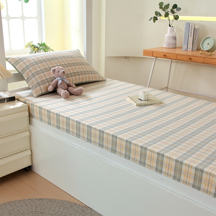 91家纺网 家纺一手货源 找家纺 春皖家纺 2025新款学生季全棉纯棉色织AB版水洗棉单品系列-单床笠 床笠单件 翠竹-果条