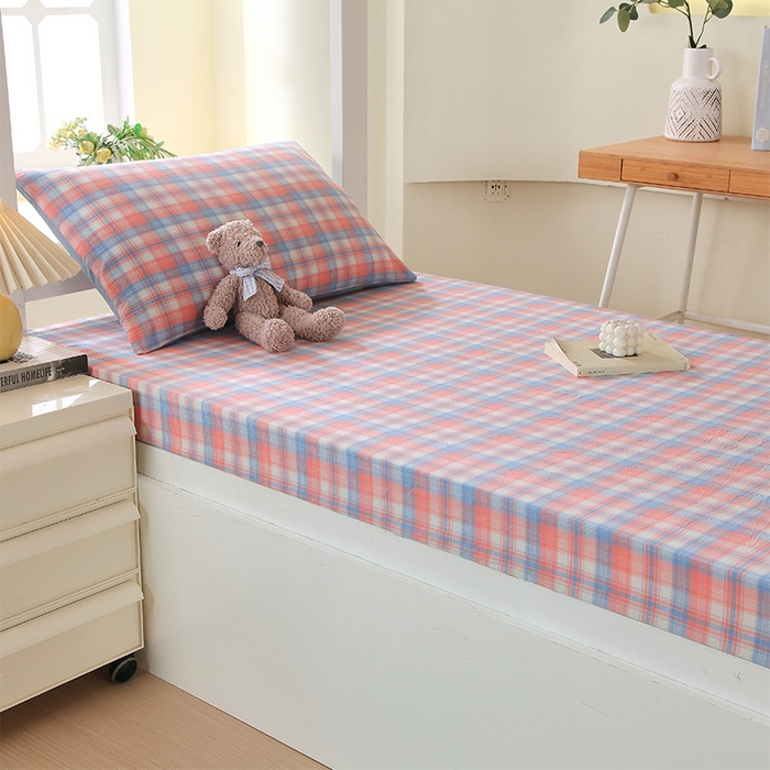 91家纺网 家纺一手货源 找家纺 春皖家纺 2025新款学生季全棉纯棉色织AB版水洗棉单品系列-单床笠 床笠单件 翠竹-桔格