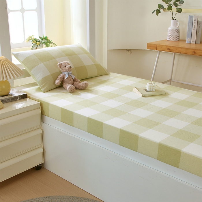 91家纺网 家纺一手货源 找家纺 春皖家纺 2025新款学生季全棉纯棉色织AB版水洗棉单品系列-单床笠 床笠单件 素雅-芳绿