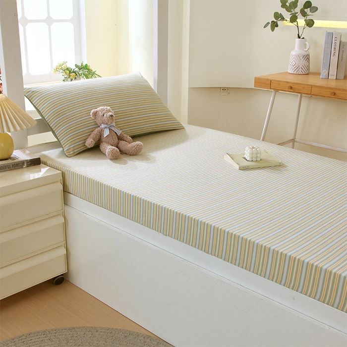 91家纺网 家纺一手货源 找家纺 春皖家纺 2025新款学生季全棉纯棉色织AB版水洗棉单品系列-单床笠 床笠单件 素雅-绿条