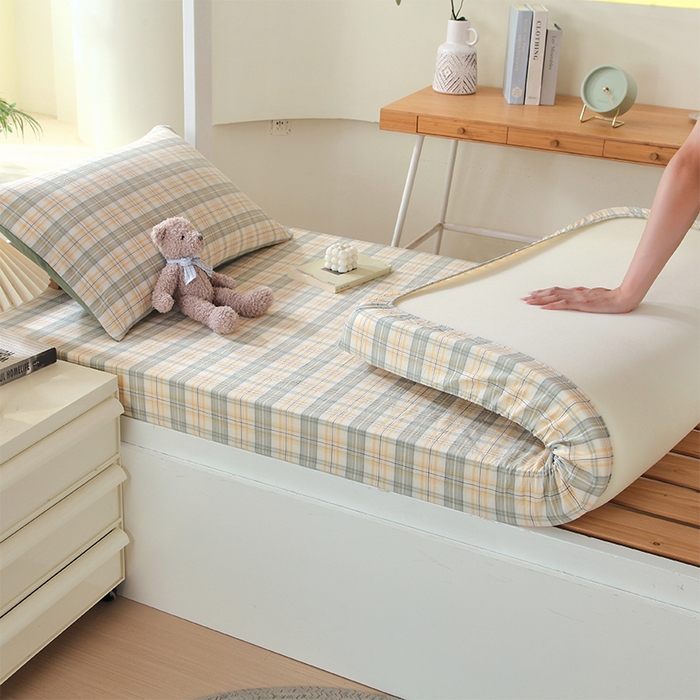 91家纺网 家纺一手货源 找家纺 春皖家纺 2025新款学生季全棉纯棉色织AB版水洗棉单品系列-单床笠 床笠单件 翠竹-果条