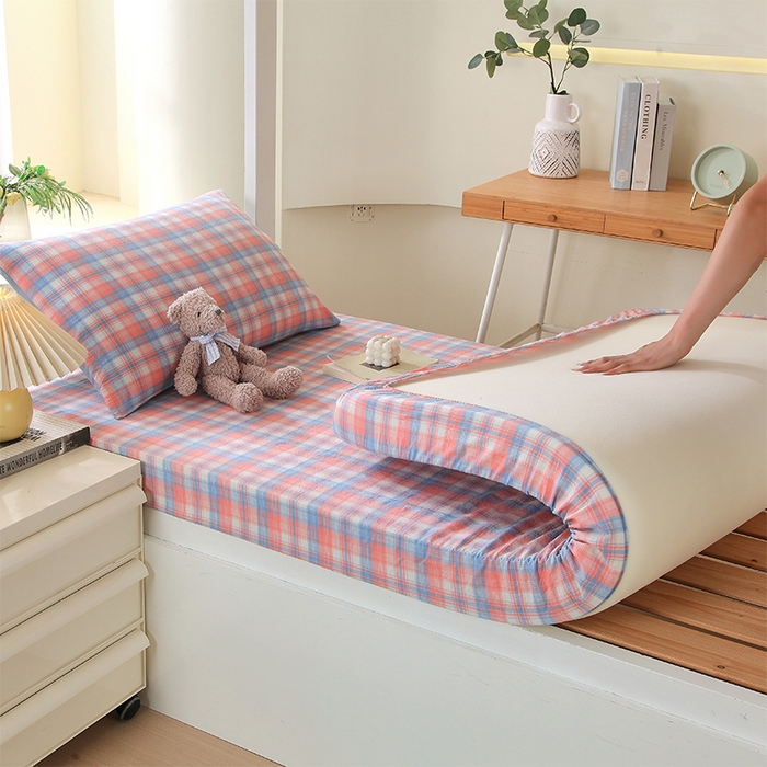 91家纺网 家纺一手货源 找家纺 春皖家纺 2025新款学生季全棉纯棉色织AB版水洗棉单品系列-单床笠 床笠单件 翠竹-桔格