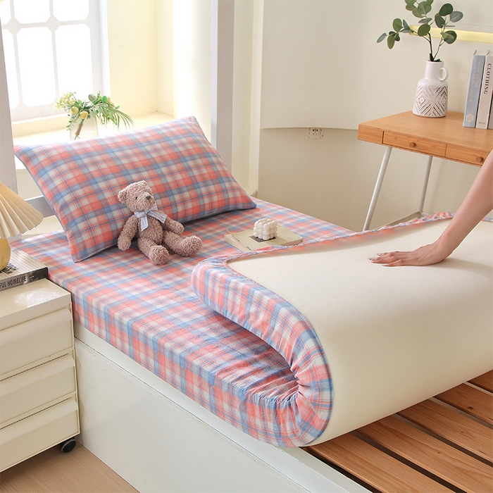 91家纺网 家纺一手货源 找家纺 春皖家纺 2025新款学生季全棉纯棉色织AB版水洗棉单品系列-单床笠 床笠单件 翠竹-桔格