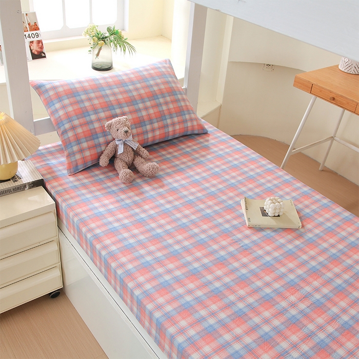 91家纺网 家纺一手货源 找家纺 春皖家纺 2025新款学生季全棉纯棉色织AB版水洗棉单品系列-单床笠 床笠单件 翠竹-桔格