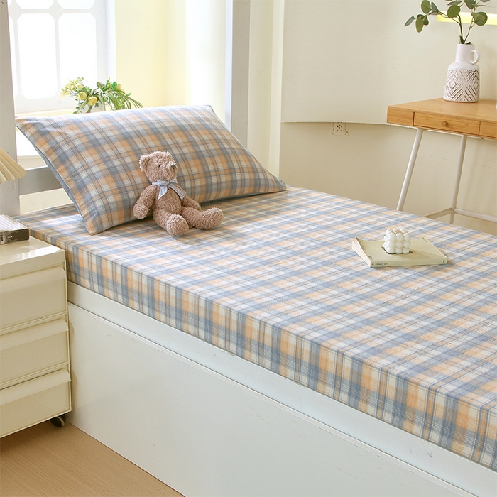 春皖家纺 2026新款学生季全棉纯棉色织AB版水洗棉单品系列-单床笠 床笠单件 翠竹-蓝格