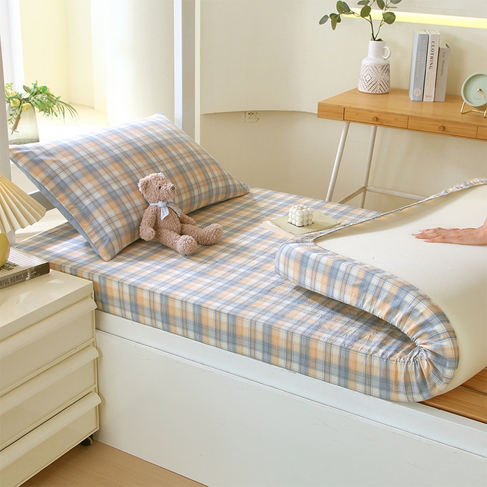 91家纺网 家纺一手货源 找家纺 春皖家纺 2026新款学生季全棉纯棉色织AB版水洗棉单品系列-单床笠 床笠单件 翠竹-蓝格