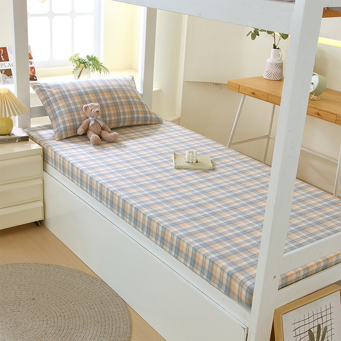 91家纺网 家纺一手货源 找家纺 春皖家纺 2026新款学生季全棉纯棉色织AB版水洗棉单品系列-单床笠 床笠单件 翠竹-蓝格