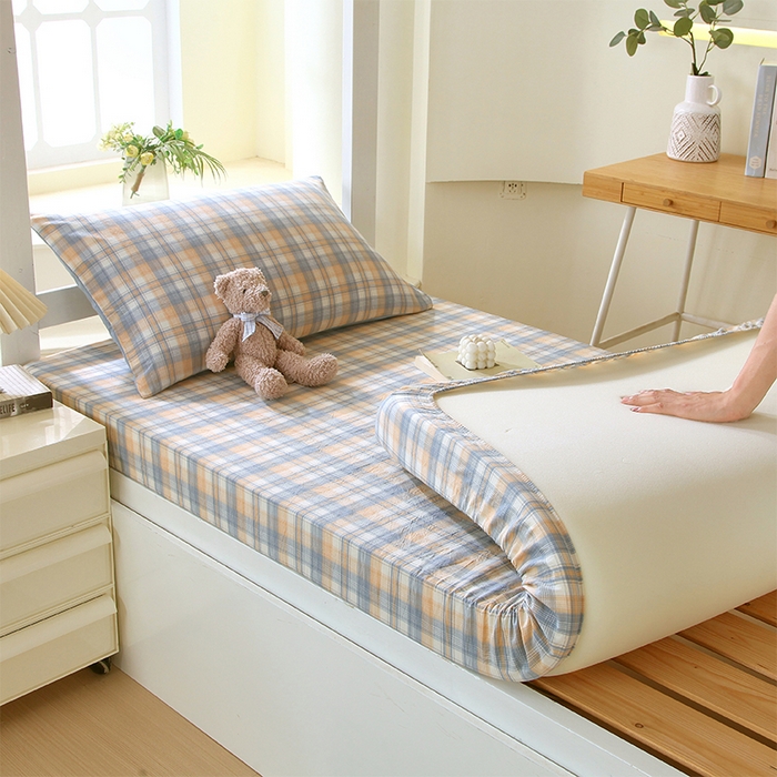 91家纺网 家纺一手货源 找家纺 春皖家纺 2026新款学生季全棉纯棉色织AB版水洗棉单品系列-单床笠 床笠单件 翠竹-蓝格