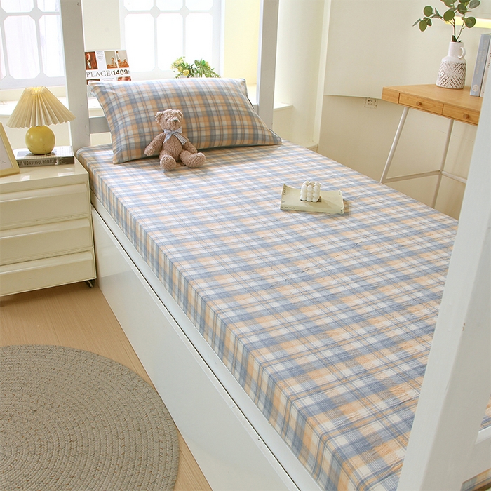 91家纺网 家纺一手货源 找家纺 春皖家纺 2026新款学生季全棉纯棉色织AB版水洗棉单品系列-单床笠 床笠单件 翠竹-蓝格