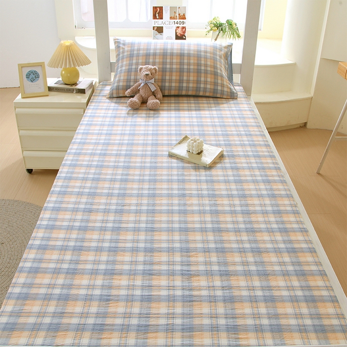 91家纺网 家纺一手货源 找家纺 春皖家纺 2026新款学生季全棉纯棉色织AB版水洗棉单品系列-单床笠 床笠单件 翠竹-蓝格